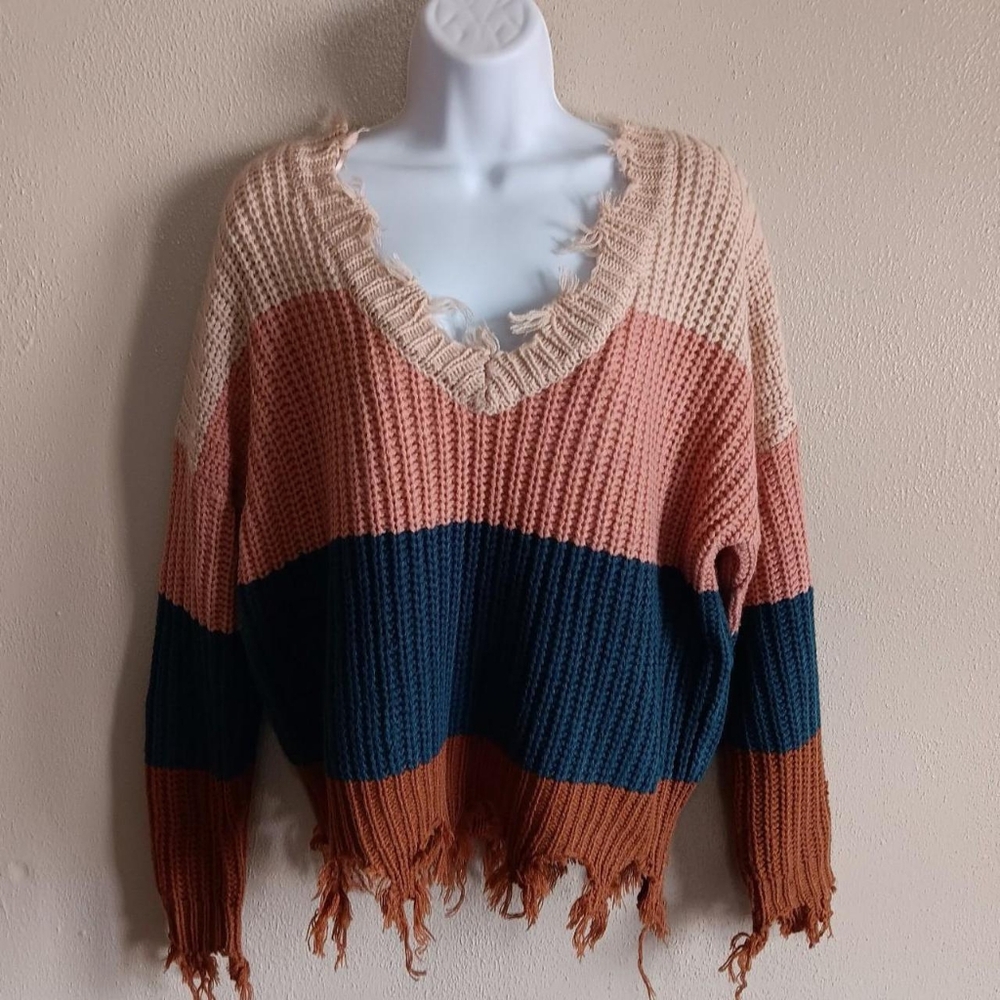 Multicolor Fringe Colorblock Sweater Chunky Knit Fall Medium, Colorful Layers